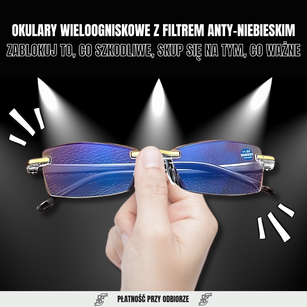 Inteligentne okulary multifokalne z filtrem niebieskiego światła + Skórzane etui gratis