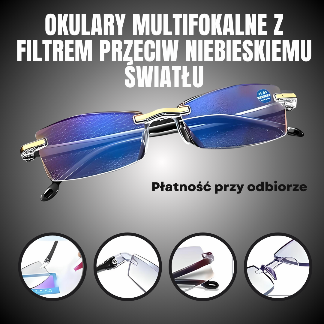 Inteligentne okulary multifokalne z filtrem niebieskiego światła + Skórzane etui gratis